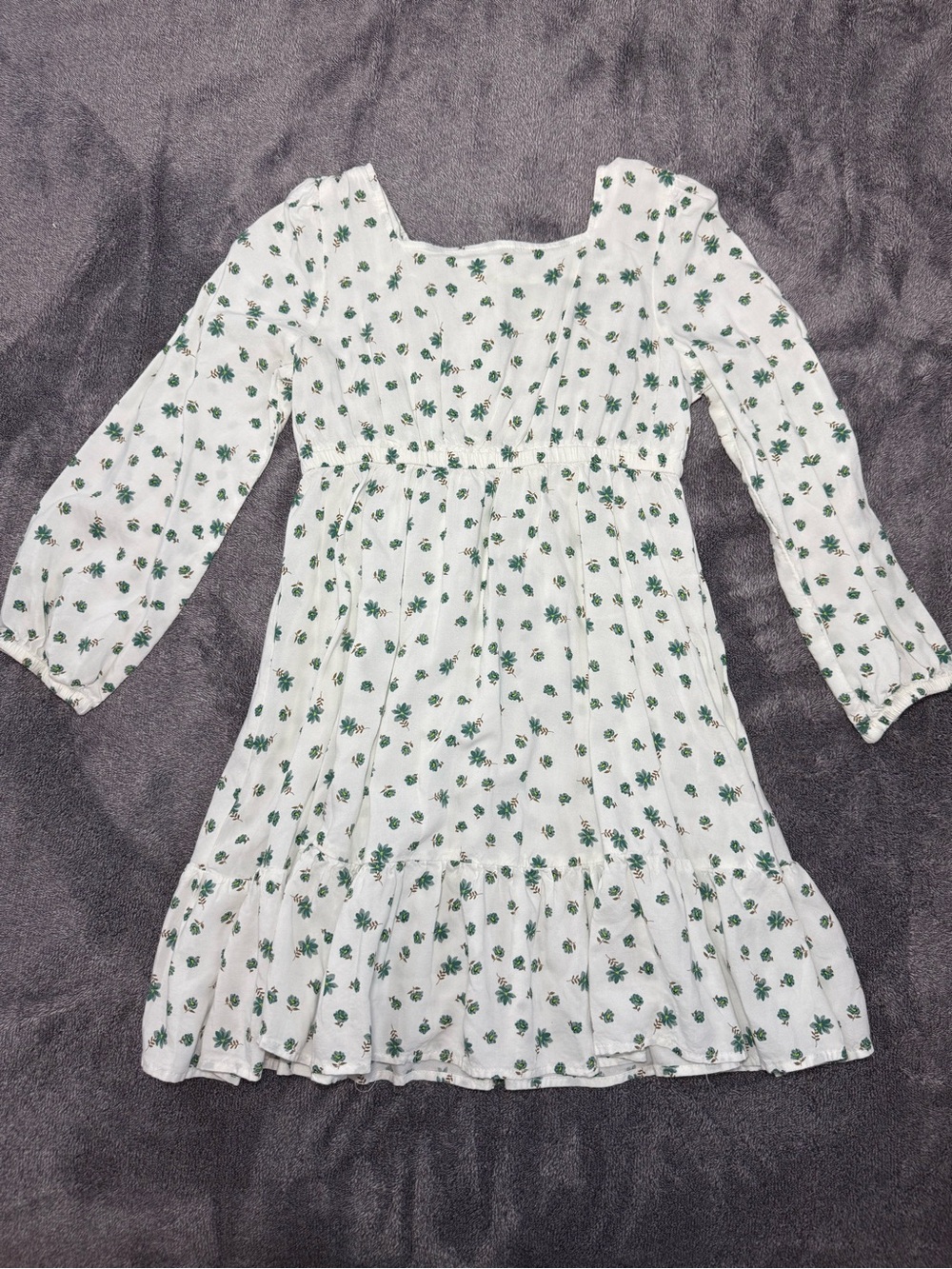 Girls' White Long-Sleeve Floral Elastic Waist Dress